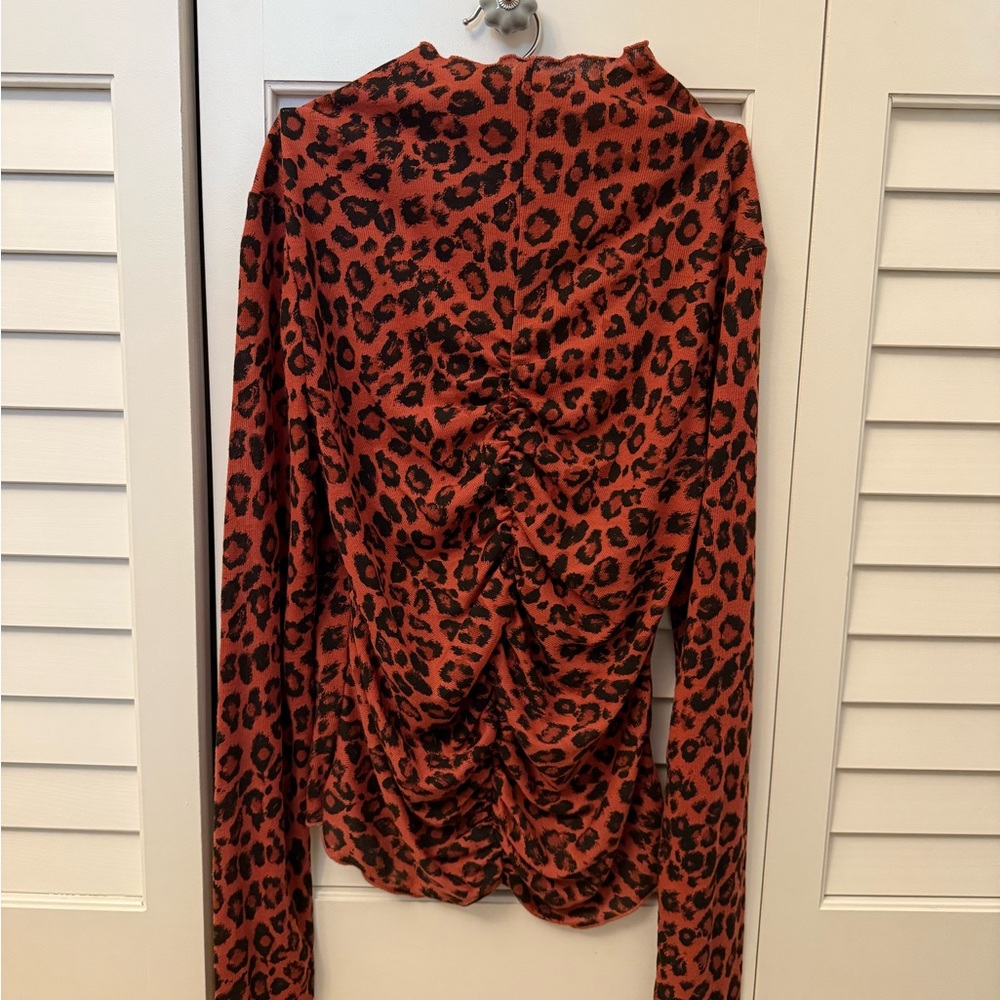 Free People Red Leopard Print Mock Neck Blouse